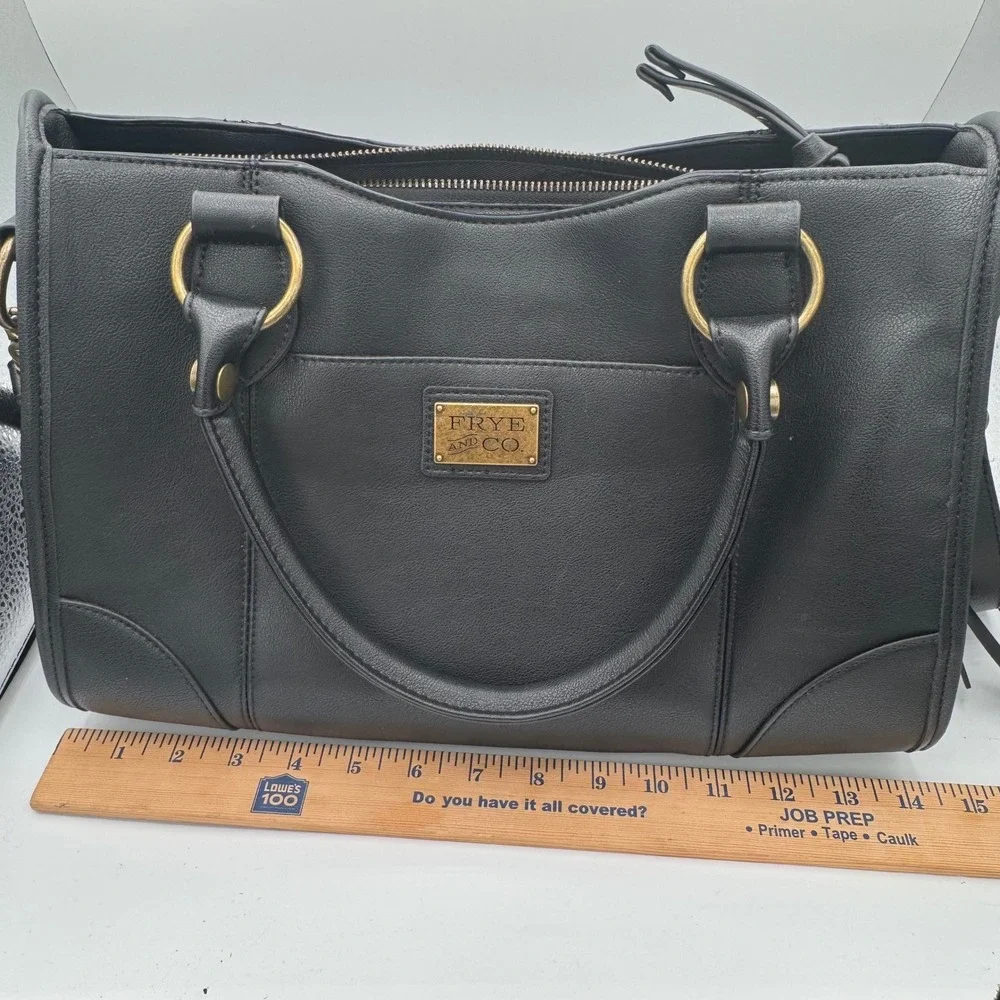 Frye and Co Black Faux Leather Satchel Crossbody Bag Brass Hardware Large